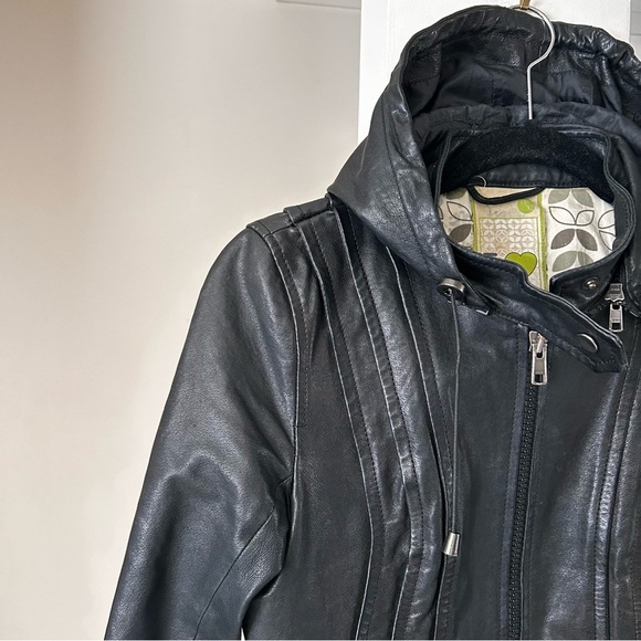 Soia & Kyo Hooded Black Leather Zip Motorcycle Jacket Women's Size X Small - Picture 2 of 15
